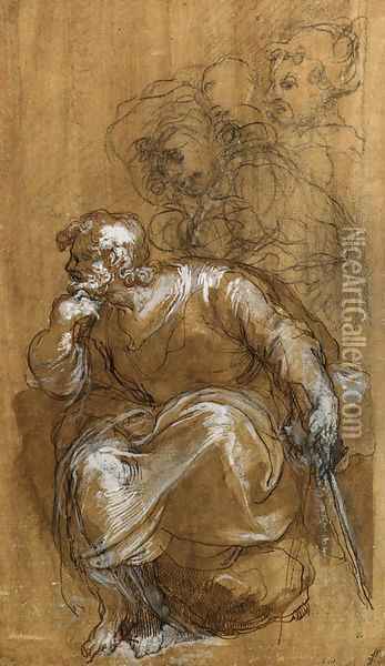 A seated bearded Man in profile to the left, three standing figures beyond Oil Painting - Taddeo Zuccaro