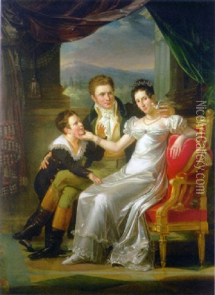 Portrait Of A Family In An Interior, A Landscape Beyond Oil Painting - Guillaume Francois Colson