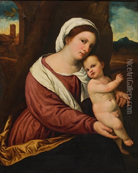 Madonna With Child In Landscape (paris Bordone And Studio) Oil Painting - Paris Bordone