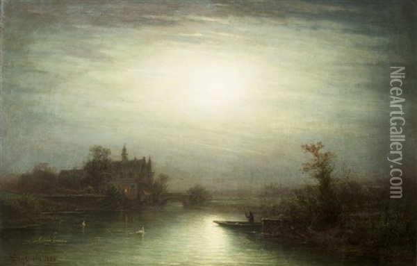 Moonlit Night At The Castle Pond Oil Painting - Hermann Brinckmann