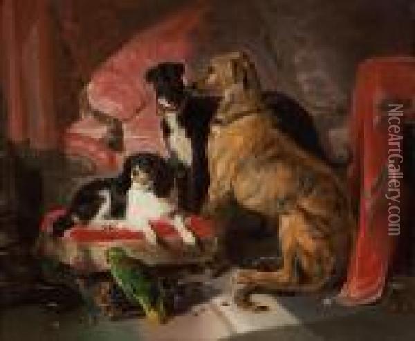 Hector, Nero And Dash With The Parrot, Lory Oil Painting - Landseer, Sir Edwin
