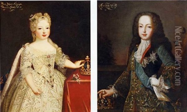 Portrait Of Marie-anne-victoire, Infanta D'espagna, In A White Dress Set With Pearls, By A Table, Her Left Hand On Her Crown (+ Portrait Of King Louis Xv In An  Embroidered Blue Velvet Waistcoat, With Oil Painting - Pierre Gobert