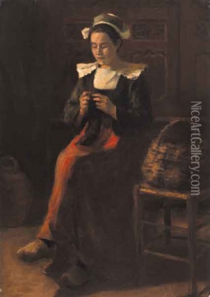 Breton Woman Seated In Interior, Knitting Oil Painting - Aloysius C. O'Kelly