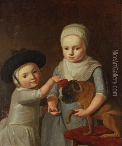 Deux Enfants Et Leur Chien Oil Painting - Gabriel (Gaspard) Gresly
