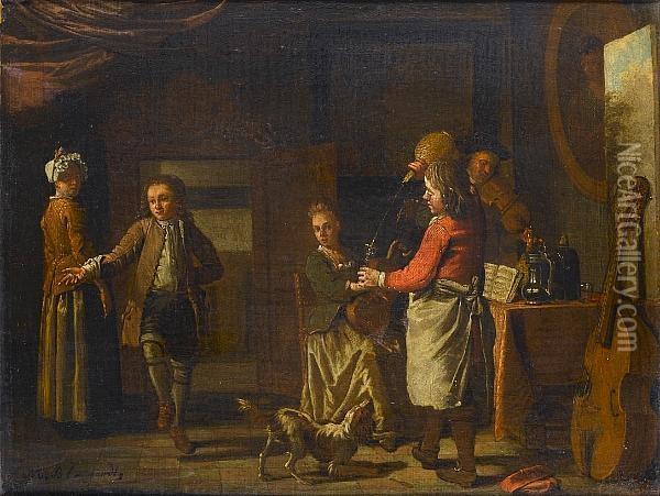 A Cottage Interior With Figures Making Music, A Boy Dancing And A Serving Boy Pouring Wine Oil Painting - Maximilian Blommaerdt