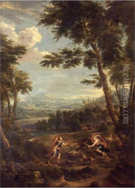 Atalanta And Meleager Hunting The Calydonian Boar Oil Painting - Jan Frans Van Bloemen (Orizzonte)