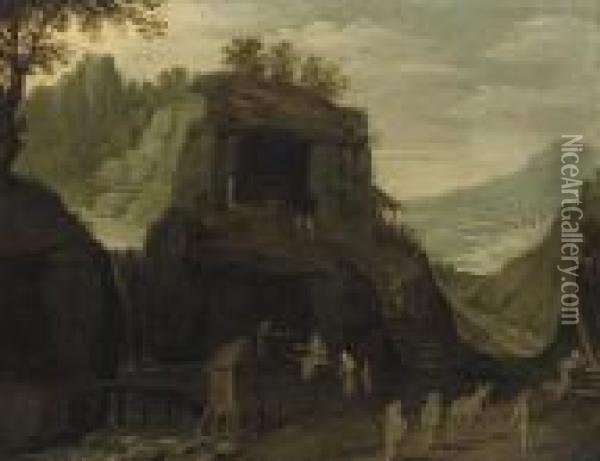 A Mountainous Landscape With Pilgrims Outside A Grotto Oil Painting - Paul Bril