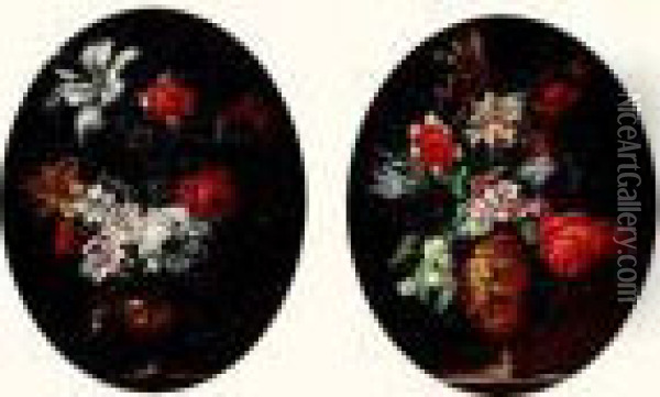 Deux Tableaux Representant Un Vase De Fleurs. Oil Painting - Jean-Baptiste Monnoyer