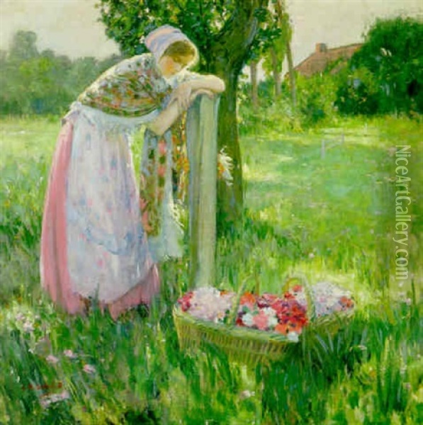 Resting By A Basket Of Flowers Oil Painting - Myron Barlow