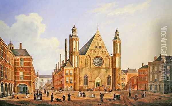 The Binnenhof in the Hague with a View of the Ridderzaal with Soldiers and other Figures in the Courtyard Oil Painting - Augustus Wynantsz