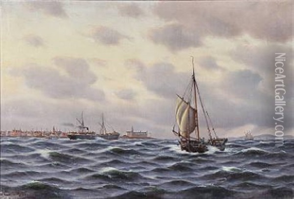 Seascape With Numerous Ships Near Kronborg Castle And Helsingborg Oil Painting - Johan Jens Neumann