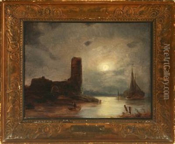Coastal Scenery With Ruined Castle In Moonlight Oil Painting - August Wilhelm Boesen