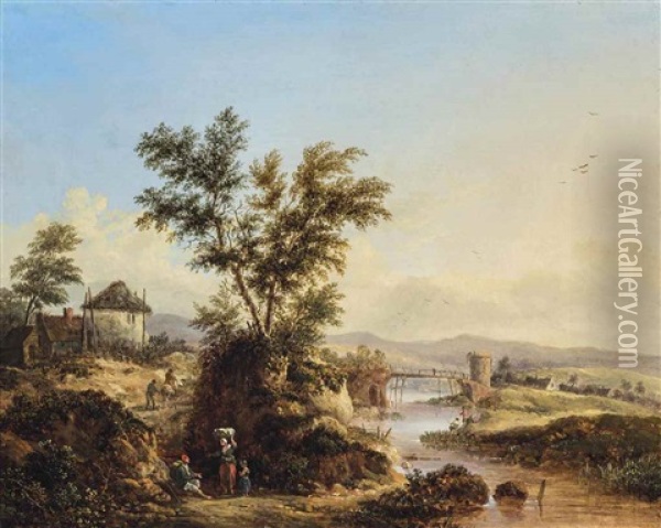 Travellers On A Riverside Path Oil Painting - Patrick Nasmyth