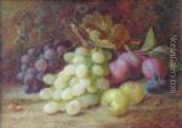 A Still Life With Grapes Plums And Apples On Mossy Bank Oil Painting - Vincent Clare