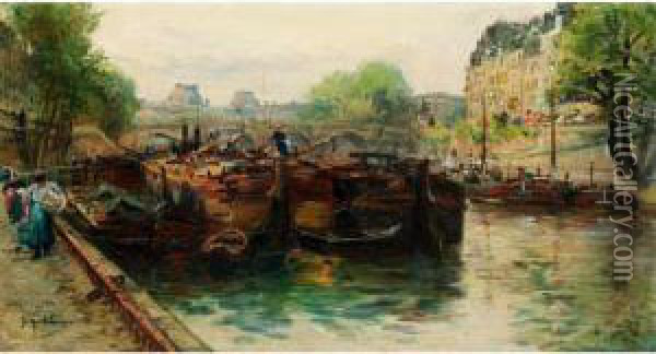 Pariser Stadtansicht Mit Schiffen Aufder Seine Oil Painting - Gustave Madelain