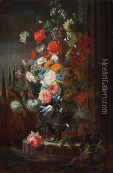 A Still Life Of Flowers In A Park Landscape Oil Painting - Nicola Casissa
