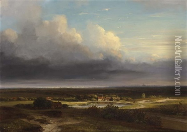 A Panoramic Landscape, Haarlem In The Distance Oil Painting - Nicolaas Johannes Roosenboom