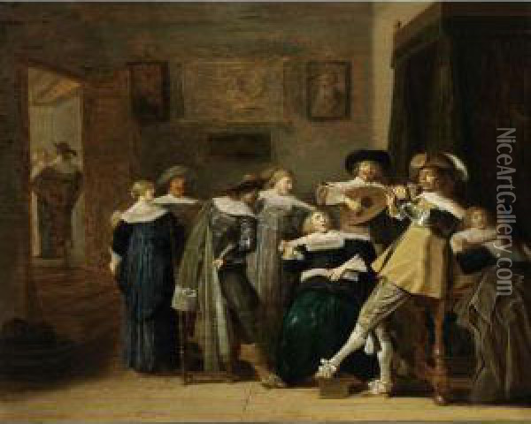 An Elegant Company Playing Music And Singing In An Interior Oil Painting - Dirck Hals