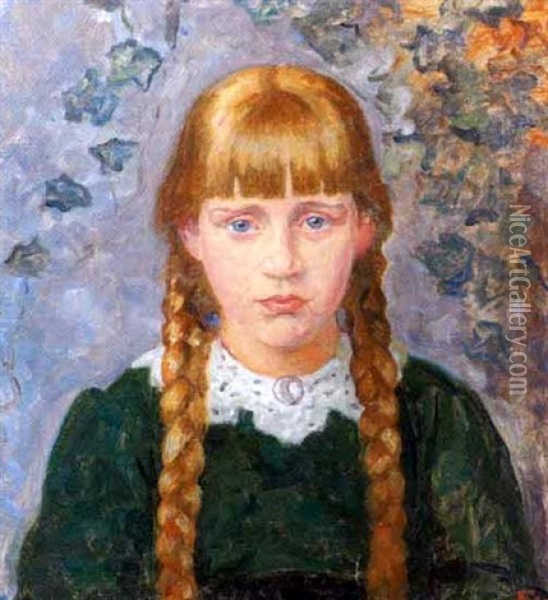 Portrait Of A Young Girl With Braided Hair Oil Painting - Sigurd Wandel
