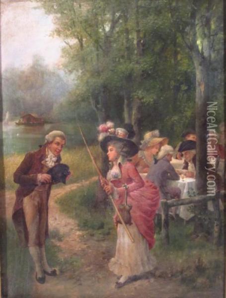 Figures Picnicking In A Landscape Oil Painting - Laslett John Pott