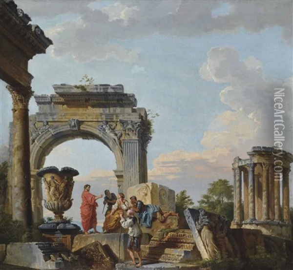 A Capriccio Of Classical Ruins With A Philosopher Addressing A Gathering Oil Painting - Giovanni Paolo Panini