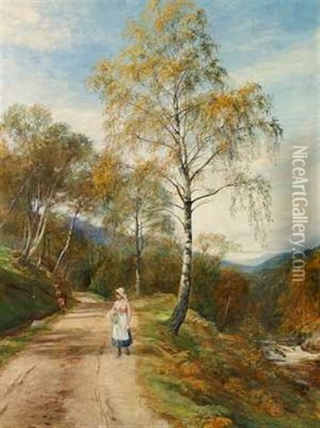 En Ung Pige Og En Lille Dreng Pa En Skovsti Ved En Flod Oil Painting - John MacWhirter