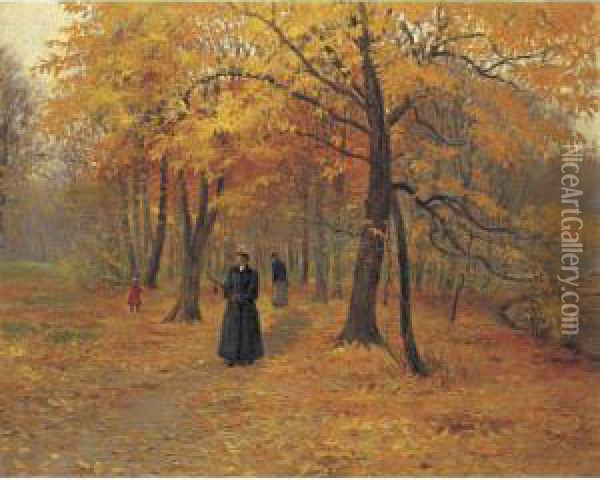 A Forest Walk In Autumn Oil Painting - Carl, Karl Riedel