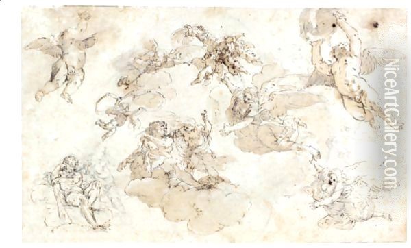 A Sheet Of Studies For A Ceiling Decoration With Hercules Oil Painting - Domenico Maria Canuti