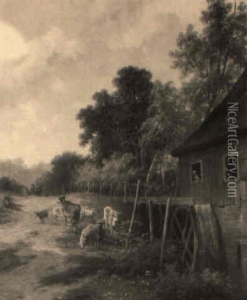A Herdsman And Cattle Resting Near A Watermill Oil Painting - Hendrik Frederik Verheggen