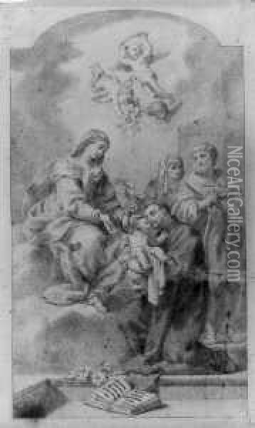 Die Madonna Mit Kind Einem Monch
 Erscheinend. Im Hintergrund Die Hl. Anna Und Der Hl. Joseph, Uber Der 
Szene Engel. Oil Painting - Domenico Pedrini