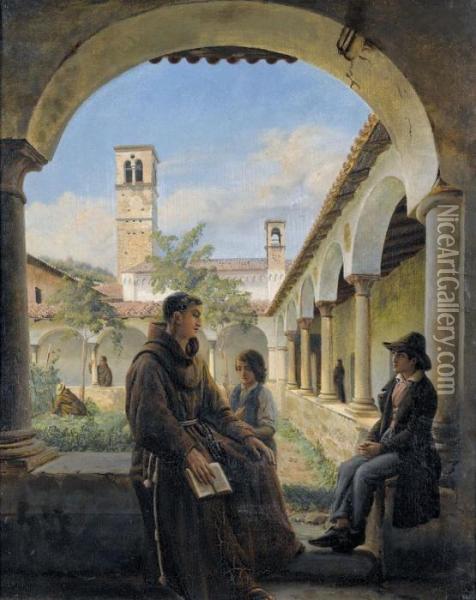 Monch Mit Zwei Kindern Im Kapuzinerkloster Von Lugano Oil Painting - Aurele Robert