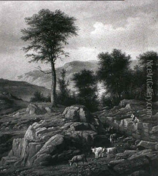 Italiensk Landskab Med Hyrder Og Kvaeg Oil Painting - Peter (Johann P.) Raadsig