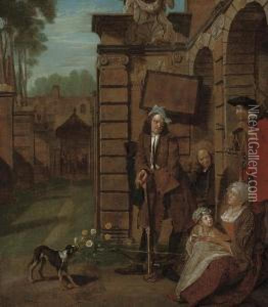 Figures In A Courtyard, Soldiers At Cross-bow Practice Beyond Oil Painting - Jan Josef, the Elder Horemans