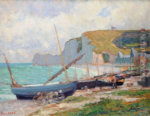 Barques Echouees A Etretat, Effet Du Matin Oil Painting - Narcisse Guilbert