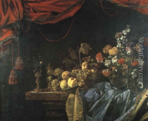 Nature Morte A La Coupe De Peches Et Raisins, Vase De Fleurs Et Roehmer Monte Oil Painting - Jacques Samuel Bernard