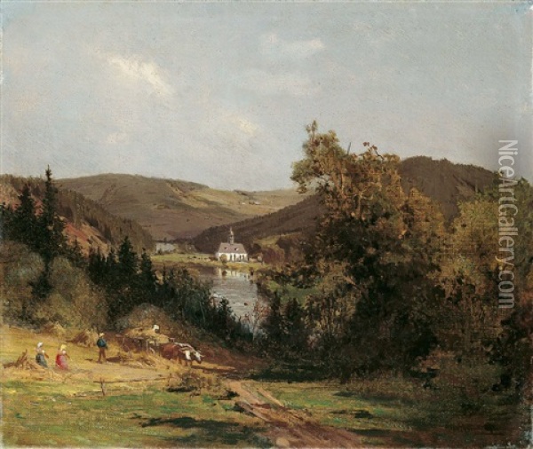 Flusslandschaft, Im Vordergrund Bauern Bei Der Heuernte Oil Painting - Olof Winkler