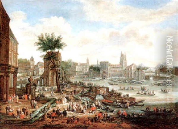 A Port With Many Figures And Boats Oil Painting - Pieter Casteels III
