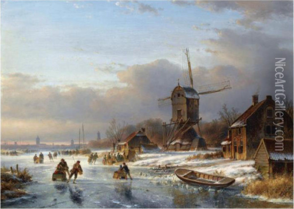 Many Skaters At A 'koek En Zopie' Near A Windmill Oil Painting - Lodewijk Johannes Kleijn