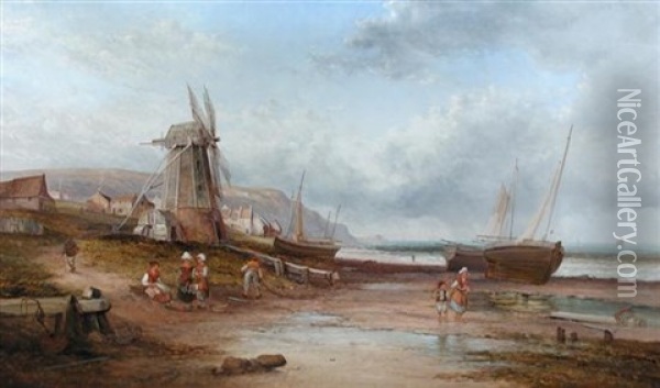 Children On A Beach By A Windmill Oil Painting - Alfred Pollentine