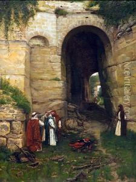 Arab Figures By A Walled Gate Oil Painting - Maurice Realier-Dumas