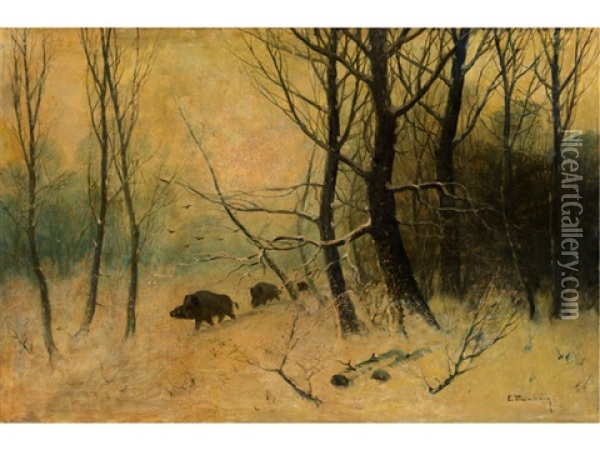 Winterwald Mit Wildschweinen Oil Painting - Eduard Steinbach