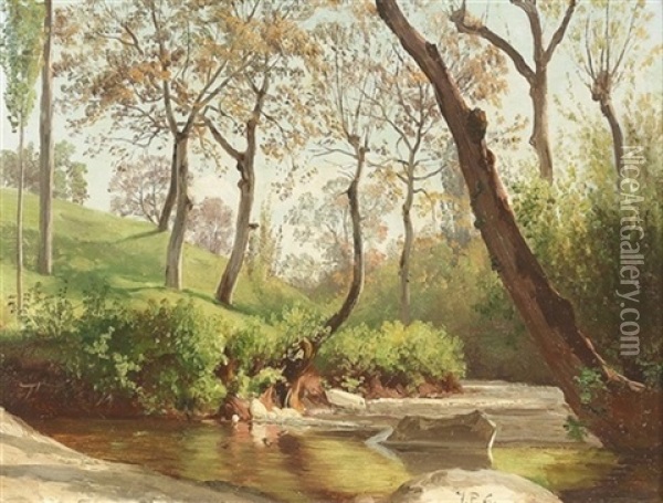 Herbstliche Flusspartie Mit Bewaldetem Ufer Oil Painting - Jean Philippe George-Julliard