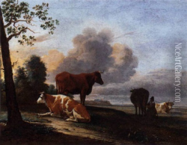A Landscape With Cattle And A Milkmaid Near A Path Oil Painting - Anthonie Van Borssom