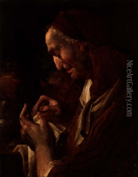 An Elderly Lady Making Lace, A Young Child Behind Oil Painting - Ulrich Glantschnigg