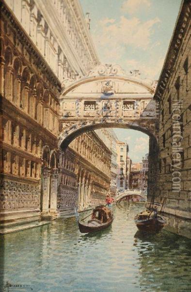 Venetian Canal Oil Painting - H. Biondetti