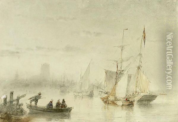 Ships On The Merwede Near Dordrecht Oil Painting - Andreas Schelfhout