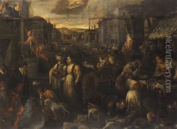 A Street Market With Townsfolk Dressed For Carnival Oil Painting - Jacopo dal Ponte Bassano