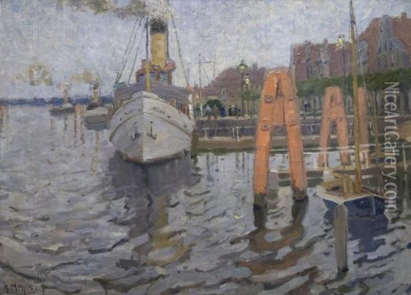 Kleiner Ostseehafen Mit Dampfer ````mowe```` Oil Painting - Hanna Mehls