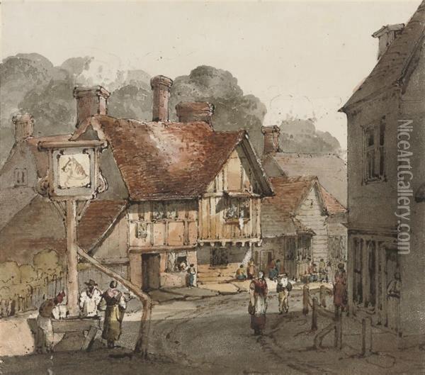Figures Outside A Country Inn Oil Painting - William Henry Harriott