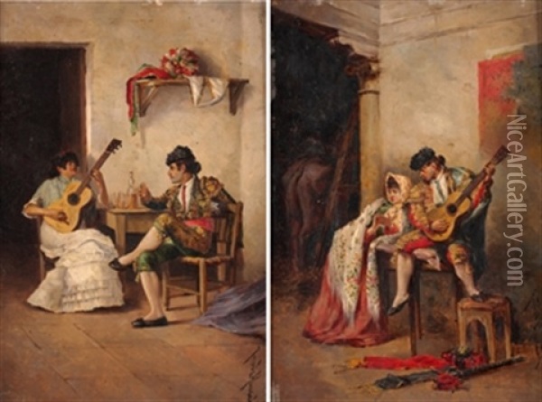 Pareja De Escenas Costumbristas (pair) Oil Painting - Jose Fernandez Alvarado